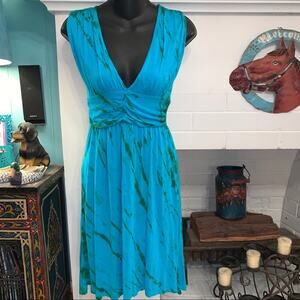 NWOT TURQUOISE TIE DYE GRECIAN WRAP FRONT DRESS XS LOVENOTES
